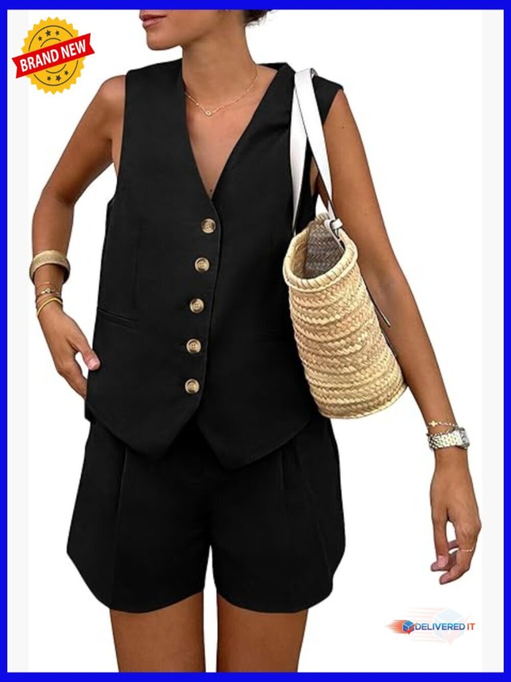 Sleeveless 2 Piece Outfits Matching Sets Button Down Vest and Pockets Shorts